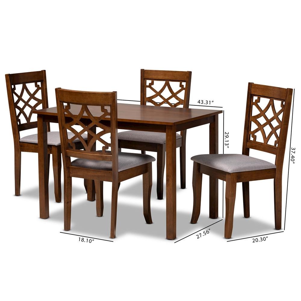 Grey Fabric Upholstered and Walnut Brown Finished Wood 5-Piece Dining Set