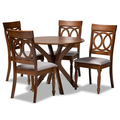 Grey Fabric Upholstered and Walnut Brown Finished Wood 5-Piece Dining Set