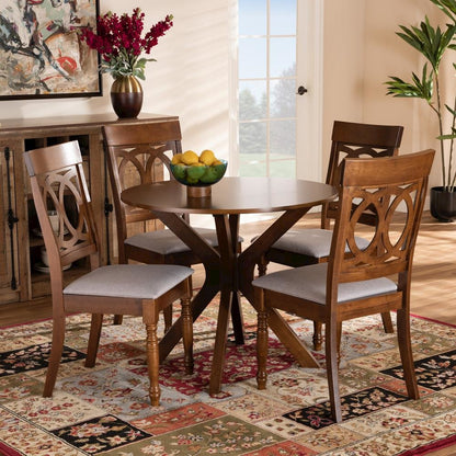 Grey Fabric Upholstered and Walnut Brown Finished Wood 5-Piece Dining Set
