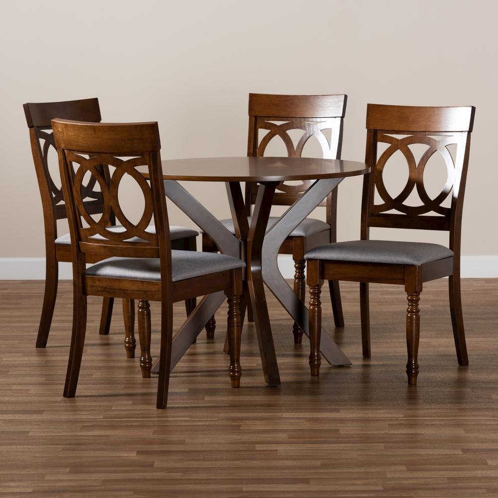 Grey Fabric Upholstered and Walnut Brown Finished Wood 5-Piece Dining Set