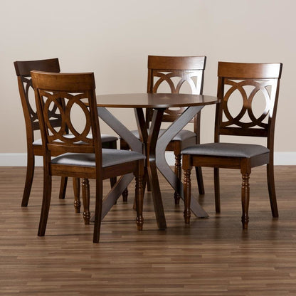 Grey Fabric Upholstered and Walnut Brown Finished Wood 5-Piece Dining Set
