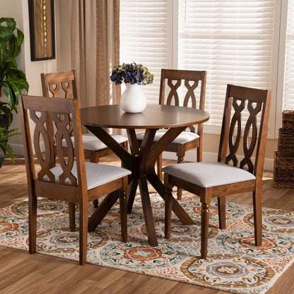 Grey Fabric Upholstered and Walnut Brown Finished Wood 5-Piece Dining Set