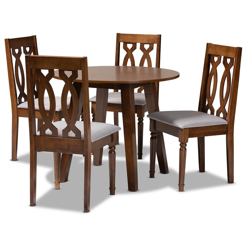 Grey Fabric Upholstered and Walnut Brown Finished Wood 5-Piece Dining Set