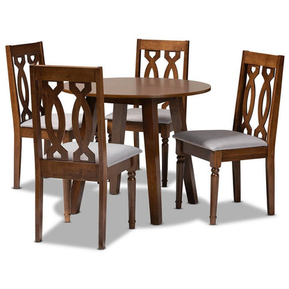 Grey Fabric Upholstered and Walnut Brown Finished Wood 5-Piece Dining Set