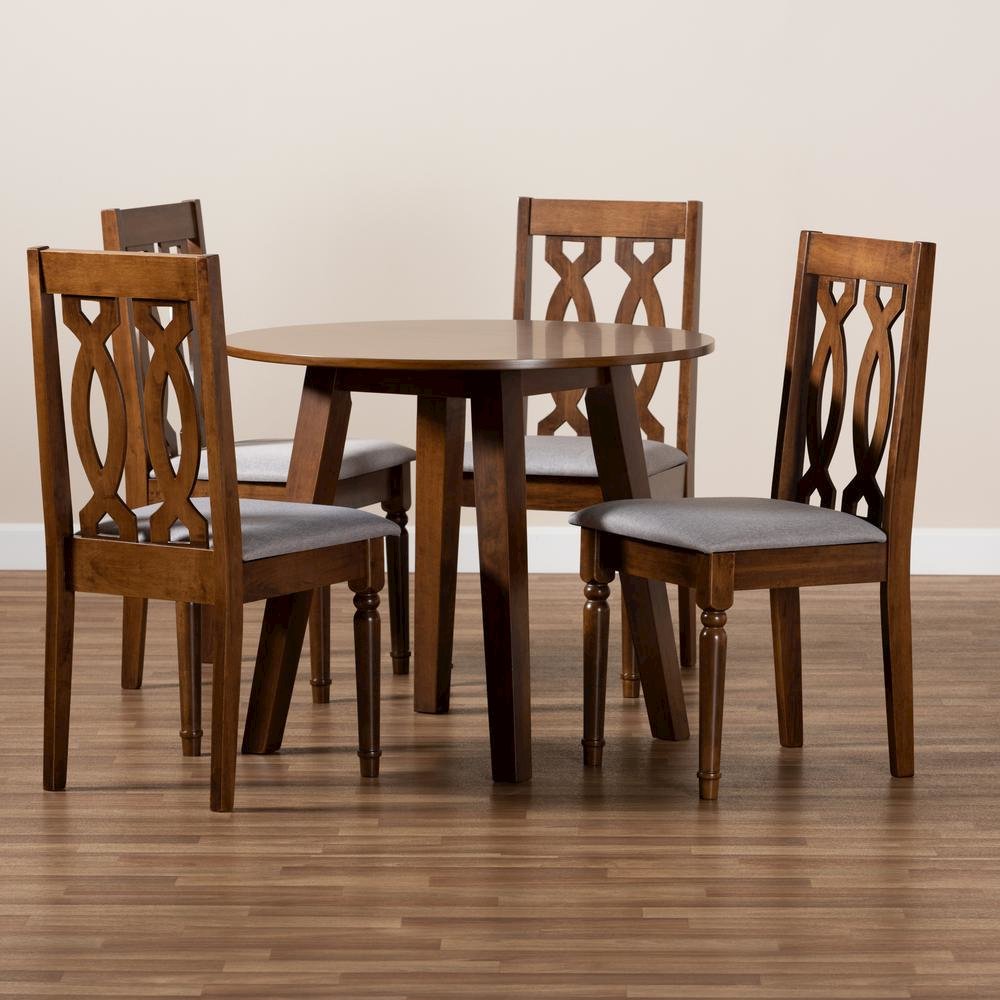 Grey Fabric Upholstered and Walnut Brown Finished Wood 5-Piece Dining Set