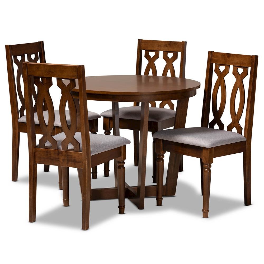Grey Fabric Upholstered and Walnut Brown Finished Wood 5-Piece Dining Set