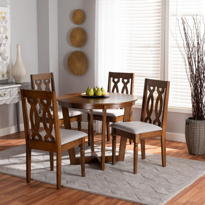 Grey Fabric Upholstered and Walnut Brown Finished Wood 5-Piece Dining Set