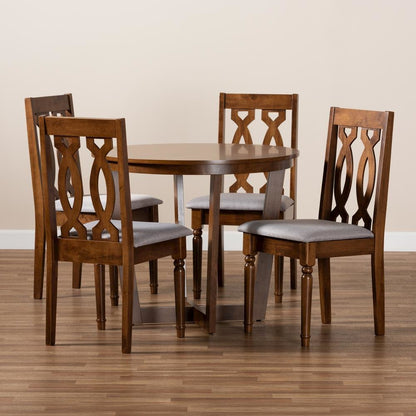 Grey Fabric Upholstered and Walnut Brown Finished Wood 5-Piece Dining Set