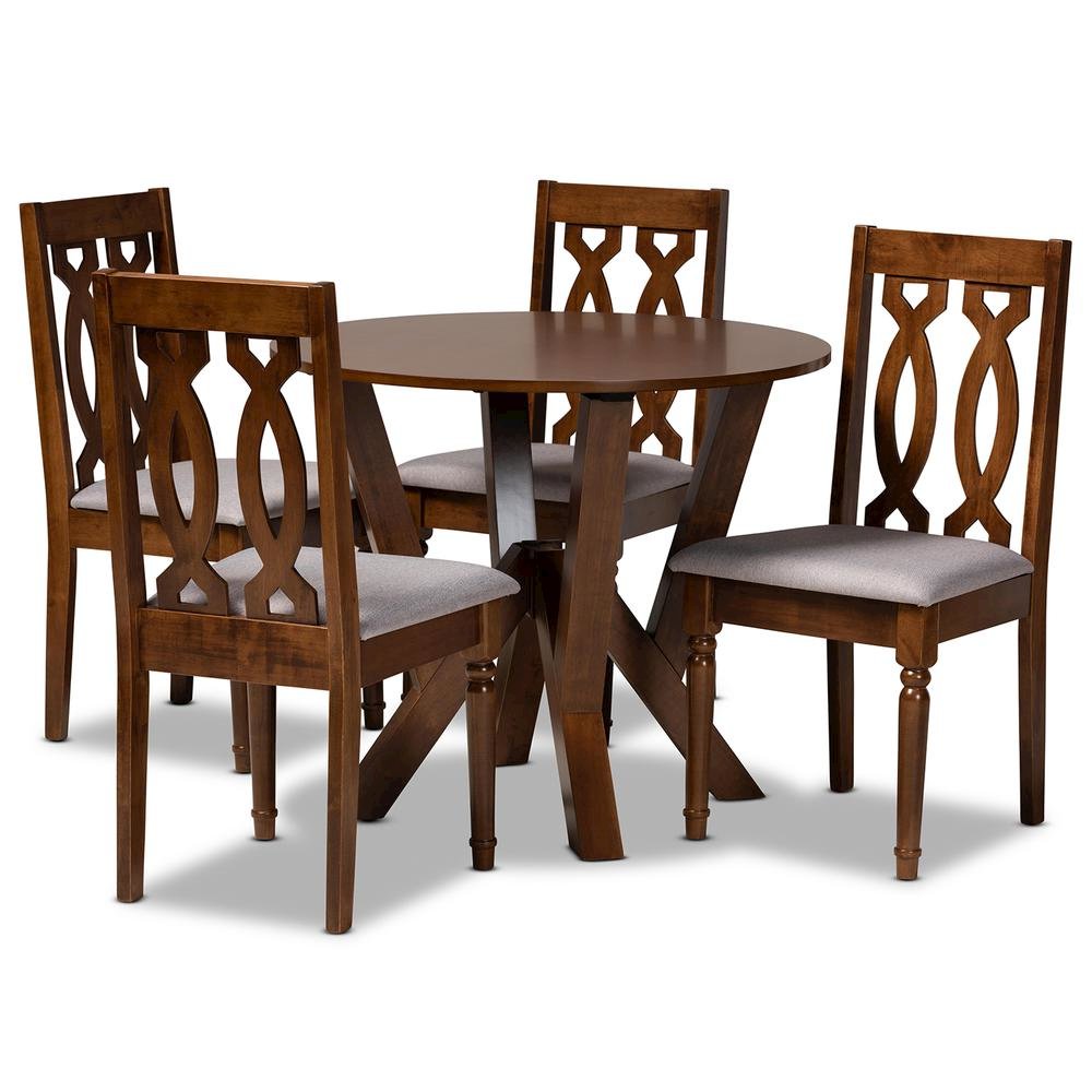 Grey Fabric Upholstered and Walnut Brown Finished Wood 5-Piece Dining Set