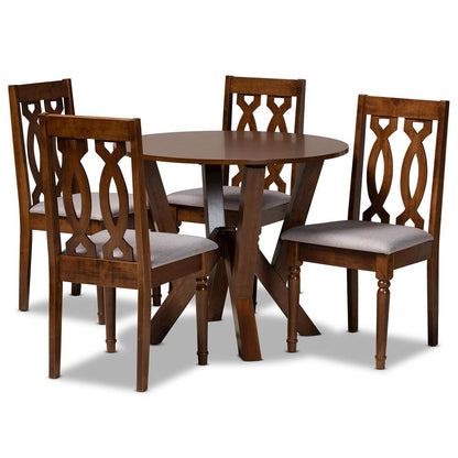 Grey Fabric Upholstered and Walnut Brown Finished Wood 5-Piece Dining Set