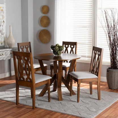 Grey Fabric Upholstered and Walnut Brown Finished Wood 5-Piece Dining Set