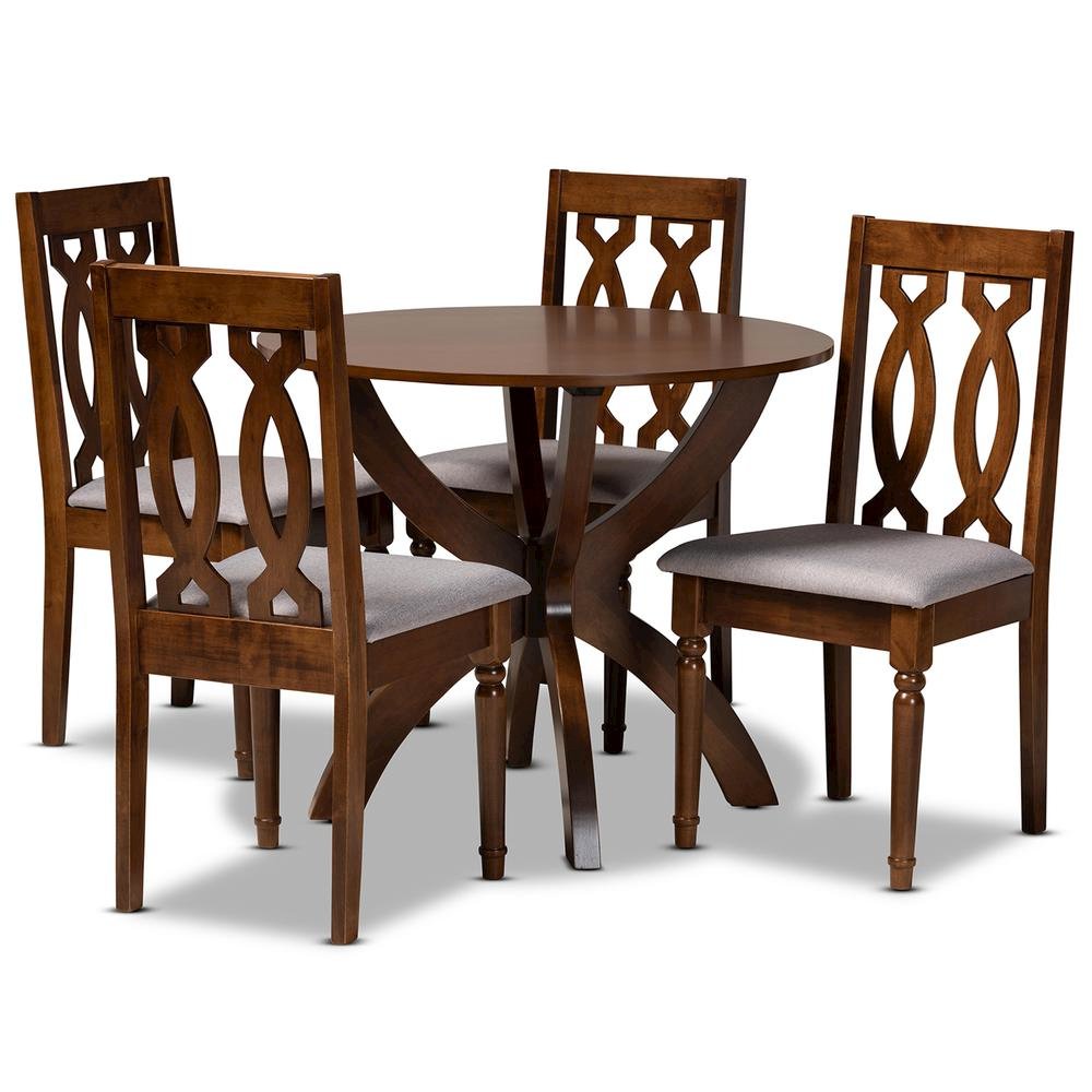 Grey Fabric Upholstered and Walnut Brown Finished Wood 5-Piece Dining Set
