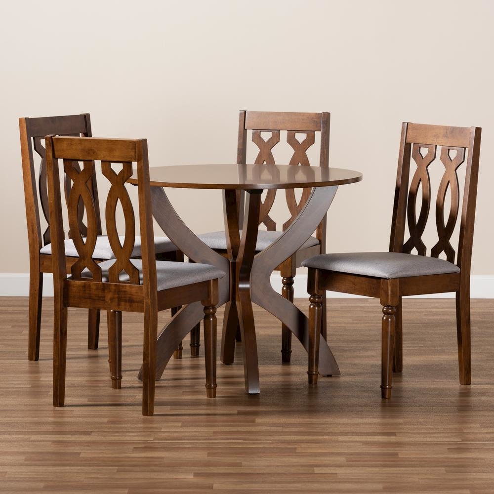 Grey Fabric Upholstered and Walnut Brown Finished Wood 5-Piece Dining Set
