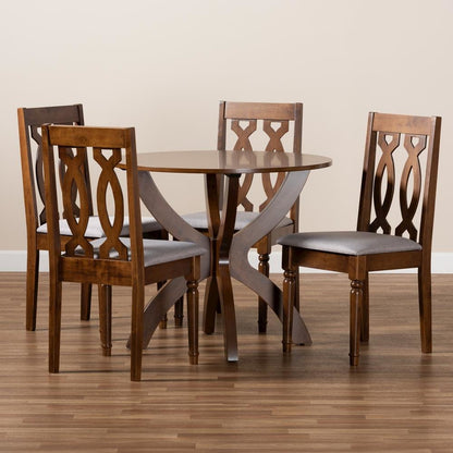 Grey Fabric Upholstered and Walnut Brown Finished Wood 5-Piece Dining Set