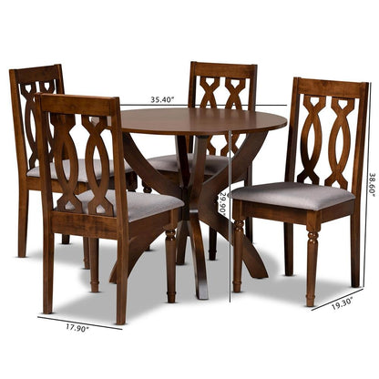 Grey Fabric Upholstered and Walnut Brown Finished Wood 5-Piece Dining Set
