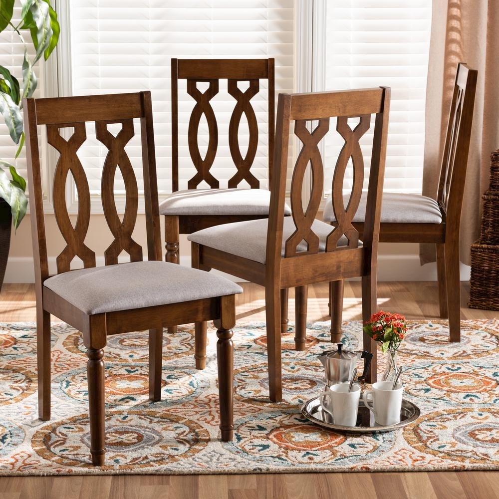 Grey Fabric Upholstered Walnut Brown Finished 4-Piece Wood Dining Chair Set