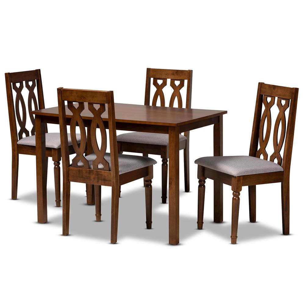 Grey Fabric Upholstered and Walnut Brown Finished Wood 5-Piece Dining Set