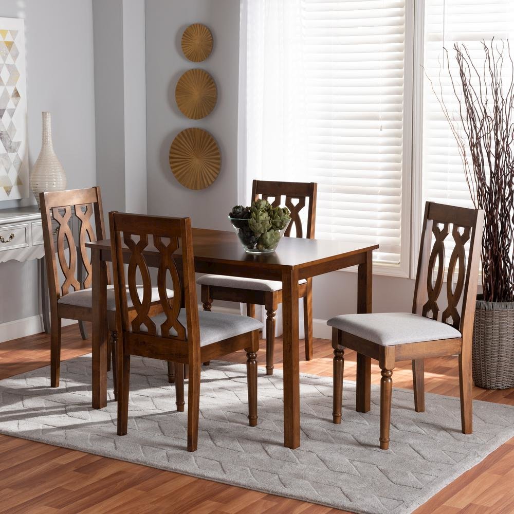 Grey Fabric Upholstered and Walnut Brown Finished Wood 5-Piece Dining Set