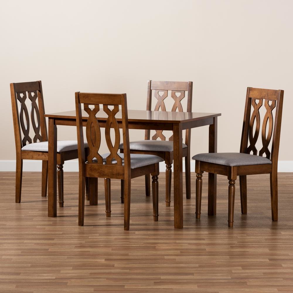 Grey Fabric Upholstered and Walnut Brown Finished Wood 5-Piece Dining Set