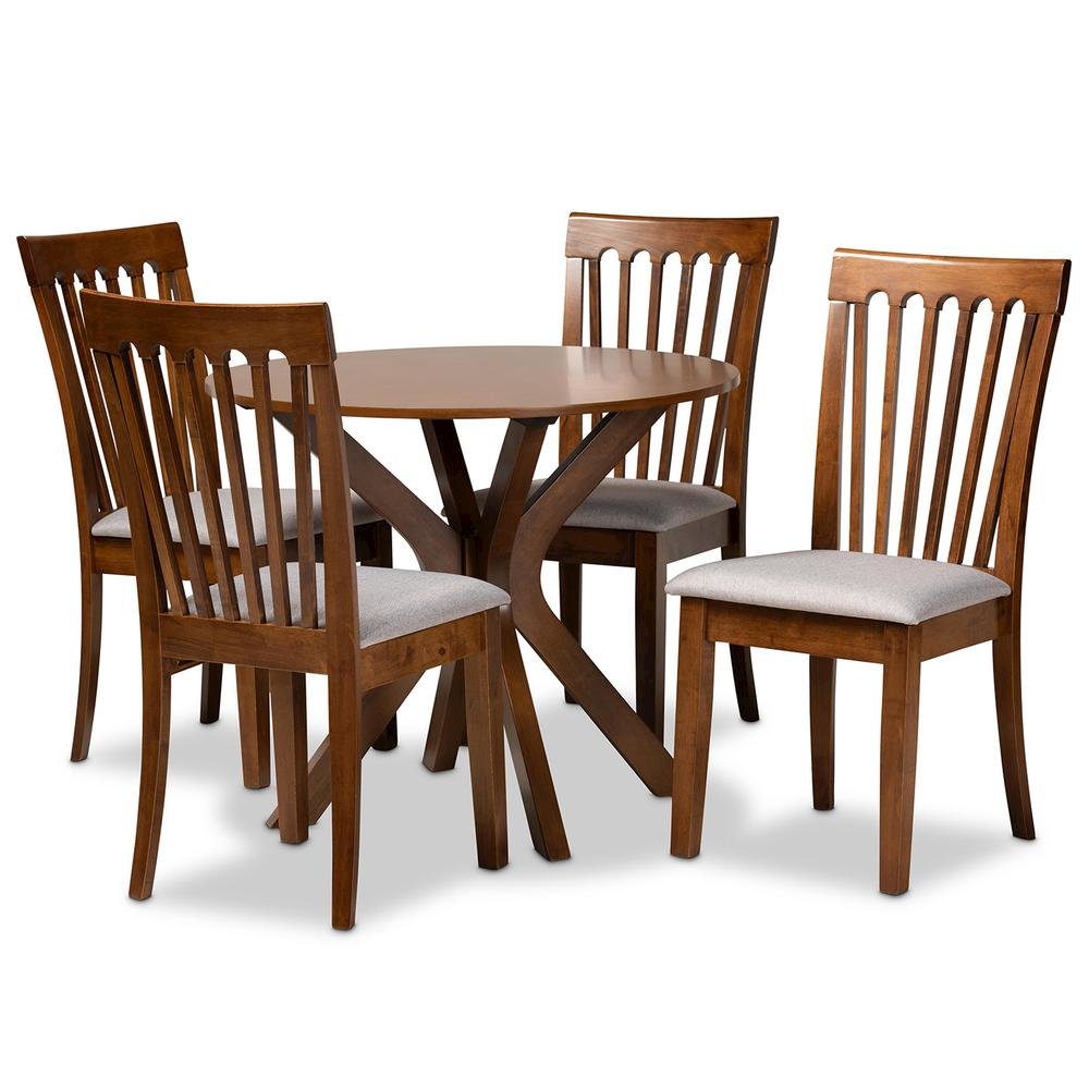 Grey Fabric Upholstered and Walnut Brown Finished Wood 5-Piece Dining Set