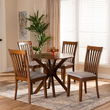 Grey Fabric Upholstered and Walnut Brown Finished Wood 5-Piece Dining Set