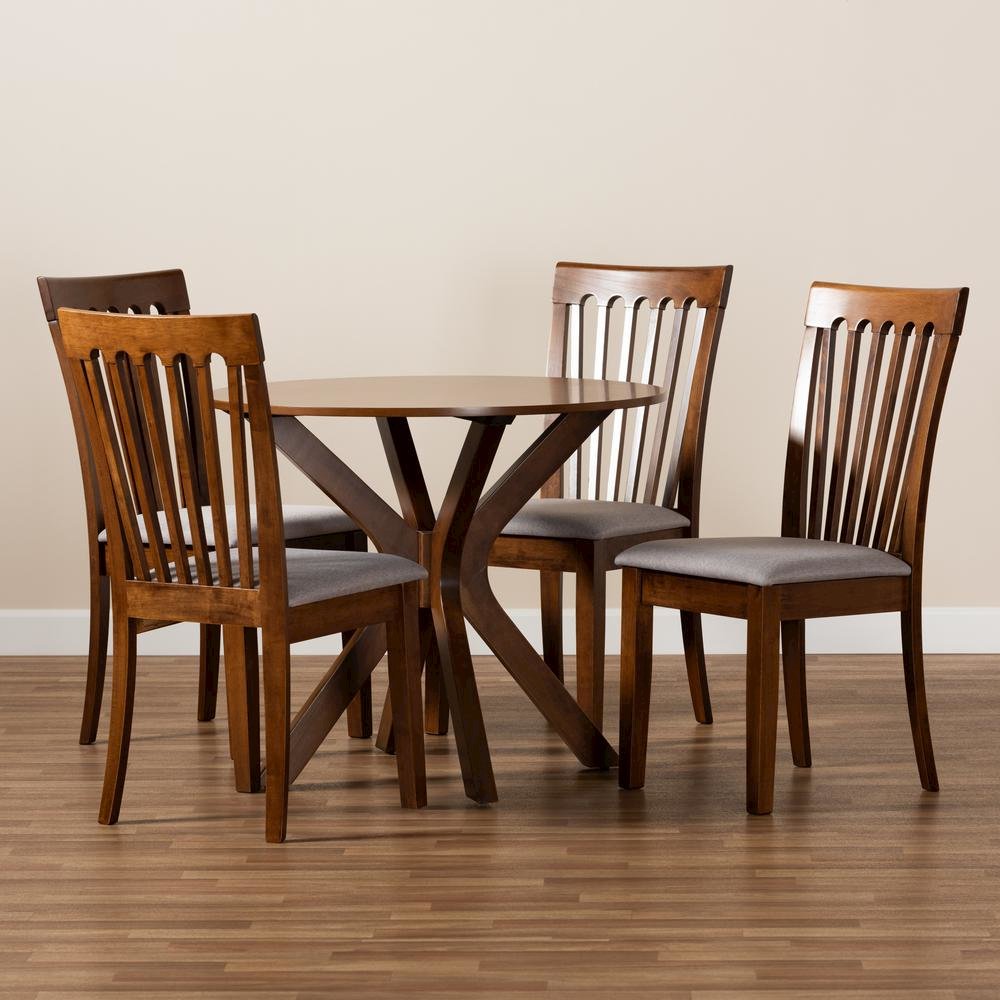 Grey Fabric Upholstered and Walnut Brown Finished Wood 5-Piece Dining Set