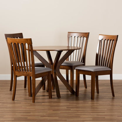 Grey Fabric Upholstered and Walnut Brown Finished Wood 5-Piece Dining Set
