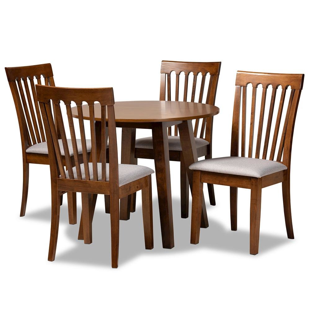 Grey Fabric Upholstered and Walnut Brown Finished Wood 5-Piece Dining Set