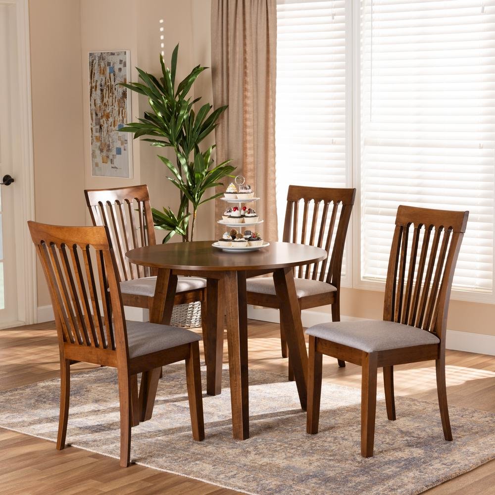 Grey Fabric Upholstered and Walnut Brown Finished Wood 5-Piece Dining Set