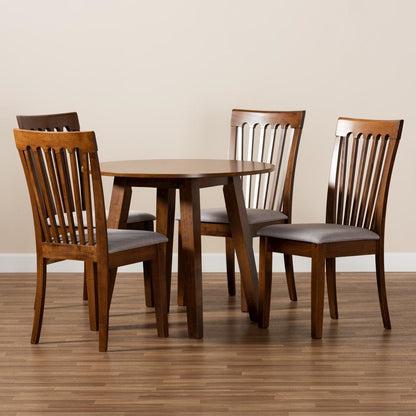 Grey Fabric Upholstered and Walnut Brown Finished Wood 5-Piece Dining Set