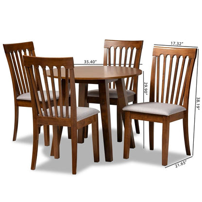 Grey Fabric Upholstered and Walnut Brown Finished Wood 5-Piece Dining Set