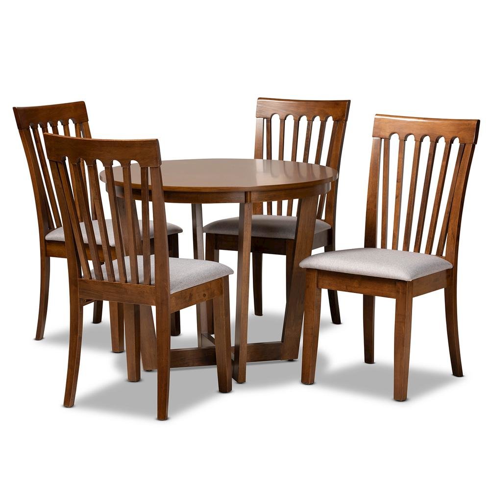 Grey Fabric Upholstered and Walnut Brown Finished Wood 5-Piece Dining Set