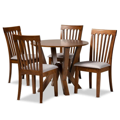 Grey Fabric Upholstered and Walnut Brown Finished Wood 5-Piece Dining Set