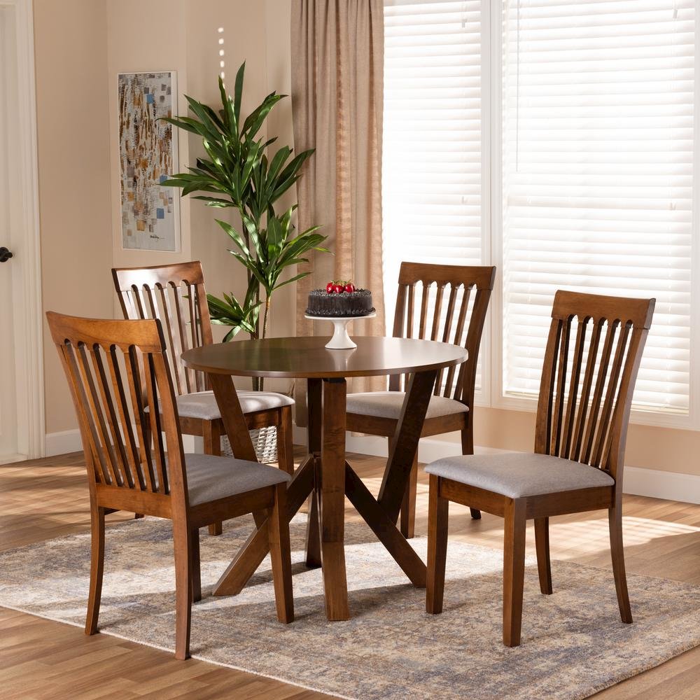 Grey Fabric Upholstered and Walnut Brown Finished Wood 5-Piece Dining Set