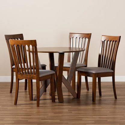 Grey Fabric Upholstered and Walnut Brown Finished Wood 5-Piece Dining Set