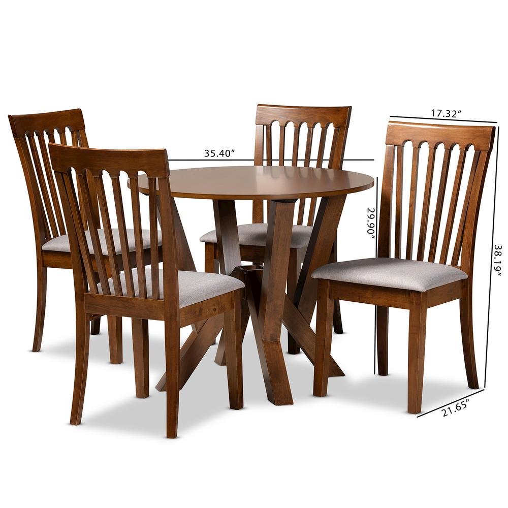 Grey Fabric Upholstered and Walnut Brown Finished Wood 5-Piece Dining Set