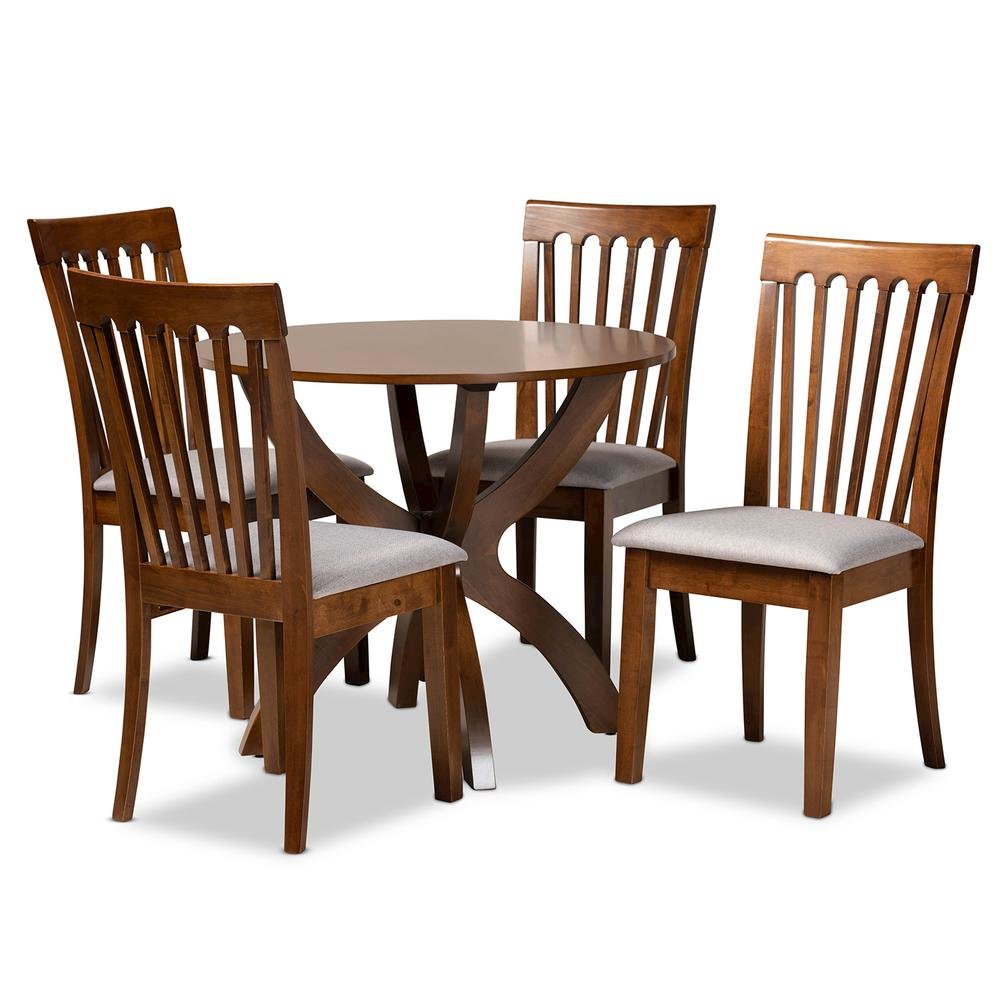 Grey Fabric Upholstered and Walnut Brown Finished Wood 5-Piece Dining Set