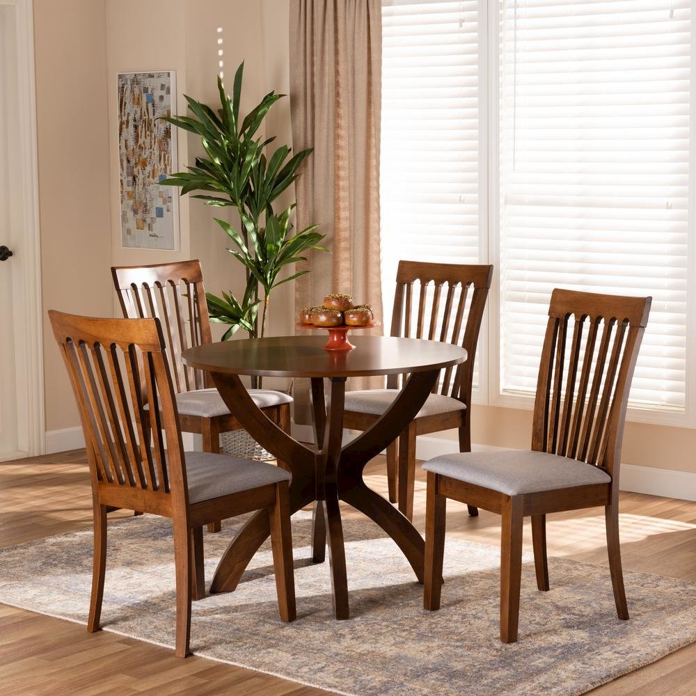 Grey Fabric Upholstered and Walnut Brown Finished Wood 5-Piece Dining Set
