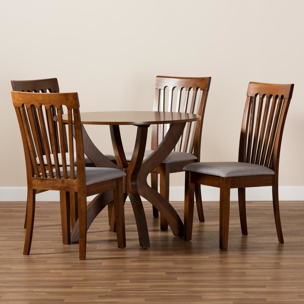 Grey Fabric Upholstered and Walnut Brown Finished Wood 5-Piece Dining Set