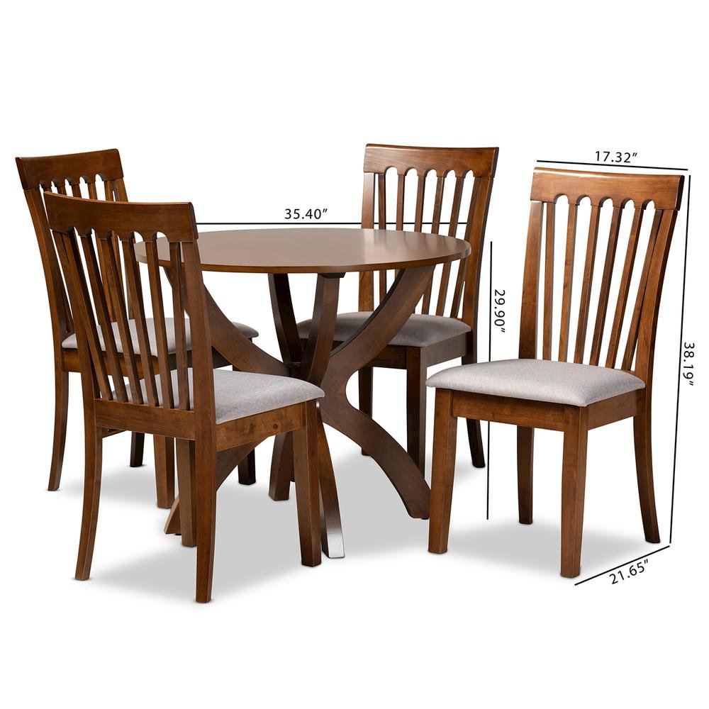 Grey Fabric Upholstered and Walnut Brown Finished Wood 5-Piece Dining Set