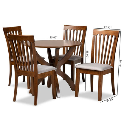 Grey Fabric Upholstered and Walnut Brown Finished Wood 5-Piece Dining Set