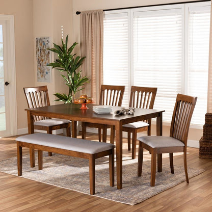 Grey Fabric Upholstered and Walnut Brown Finished Wood 6-Piece Dining Set