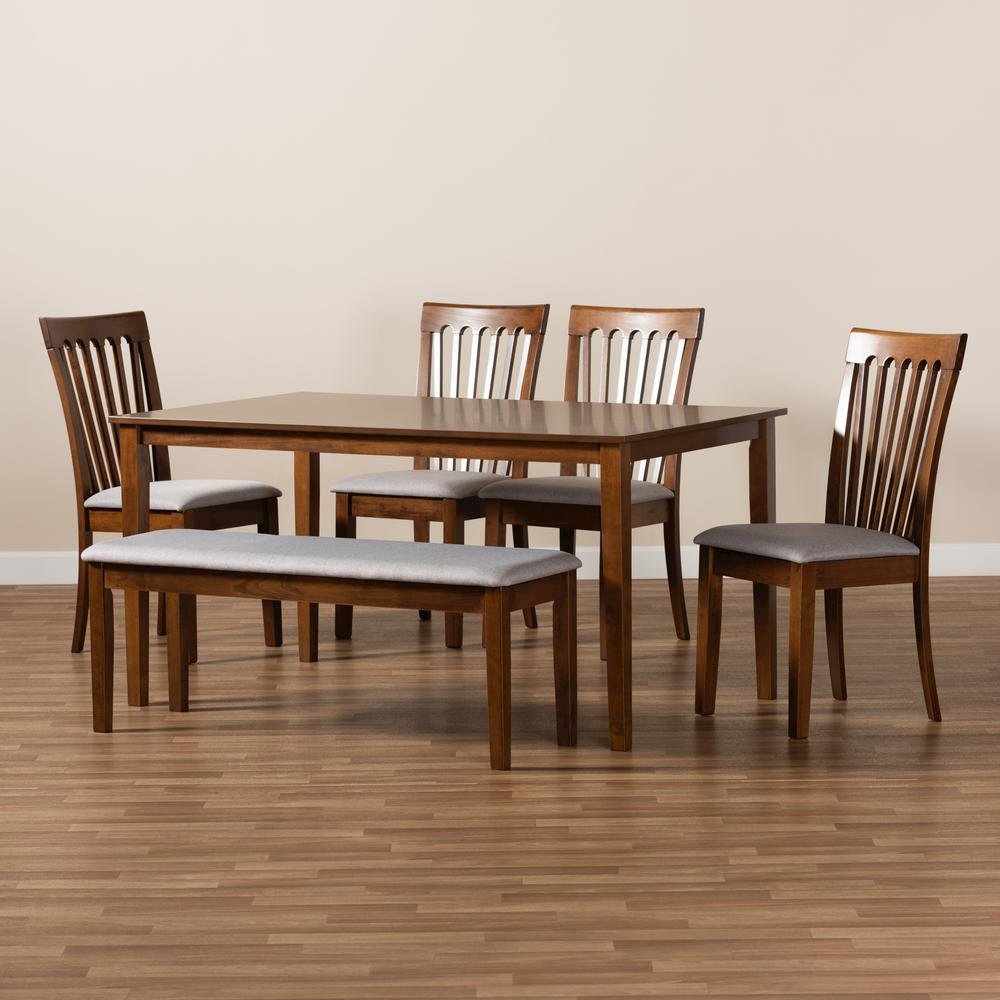 Grey Fabric Upholstered and Walnut Brown Finished Wood 6-Piece Dining Set