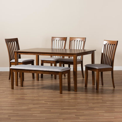 Grey Fabric Upholstered and Walnut Brown Finished Wood 6-Piece Dining Set