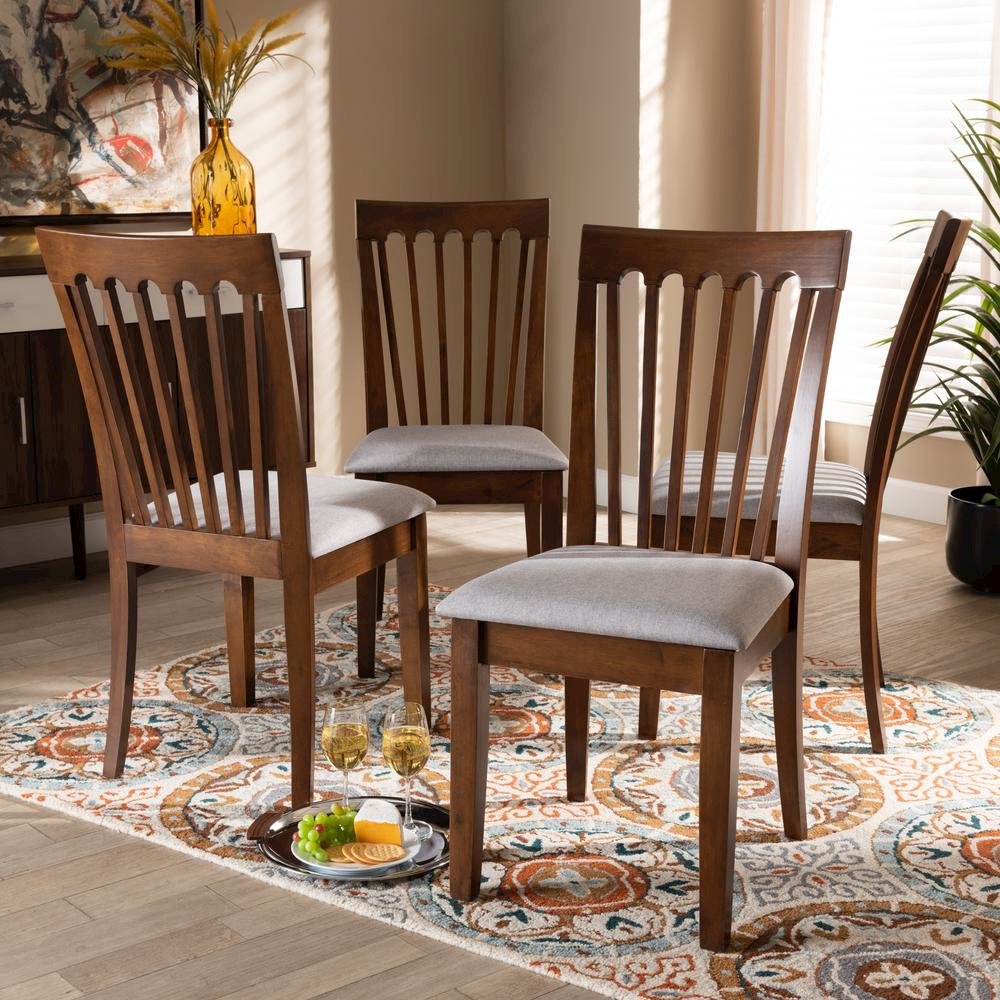 Grey Fabric Upholstered Walnut Brown Finished Wood Dining Chair Set