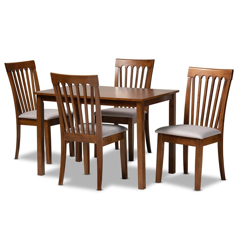 Grey Fabric Upholstered and Walnut Brown Finished Wood 5-Piece Dining Set