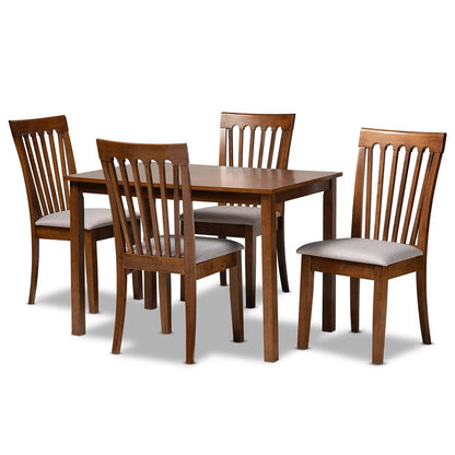 Grey Fabric Upholstered and Walnut Brown Finished Wood 5-Piece Dining Set