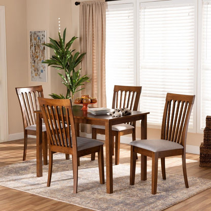 Grey Fabric Upholstered and Walnut Brown Finished Wood 5-Piece Dining Set
