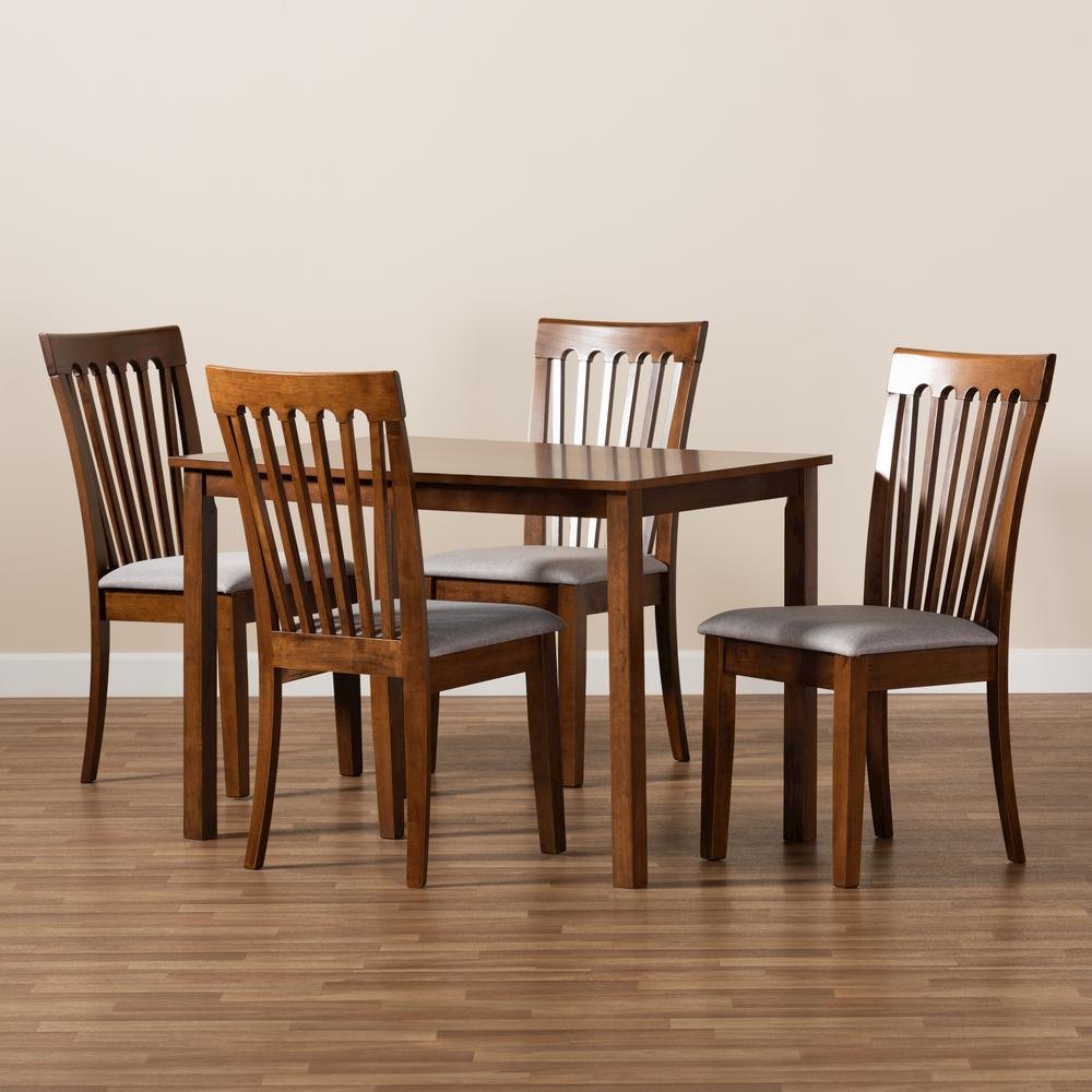 Grey Fabric Upholstered and Walnut Brown Finished Wood 5-Piece Dining Set