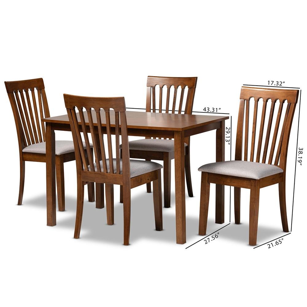 Grey Fabric Upholstered and Walnut Brown Finished Wood 5-Piece Dining Set